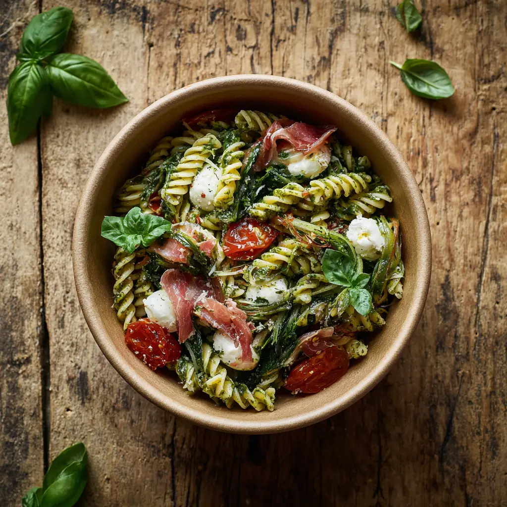 Fraich'Bol Italien (Fusilli épinard tomate, mozzarella, speck, tomates, basilic), vinaigrette balsamique