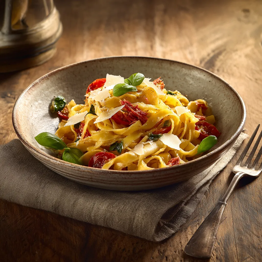 Pastas du jour Tagliatelle au basilic frais, thon et tomates confites